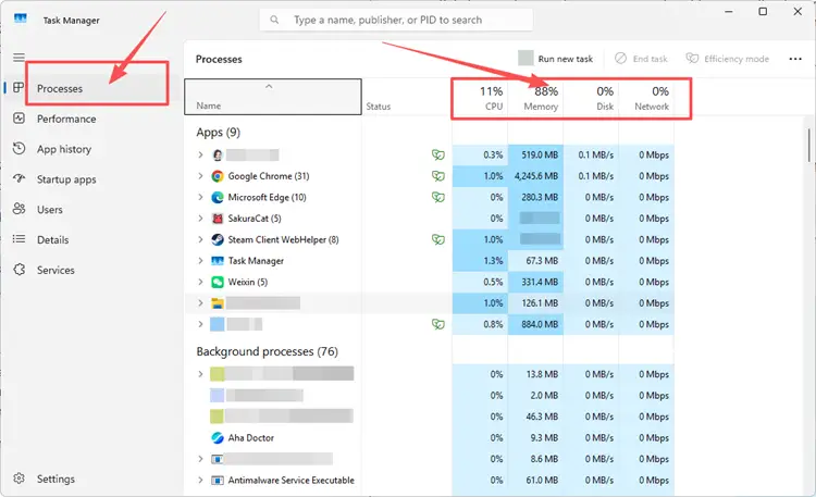 Open Task Manager to check background apps