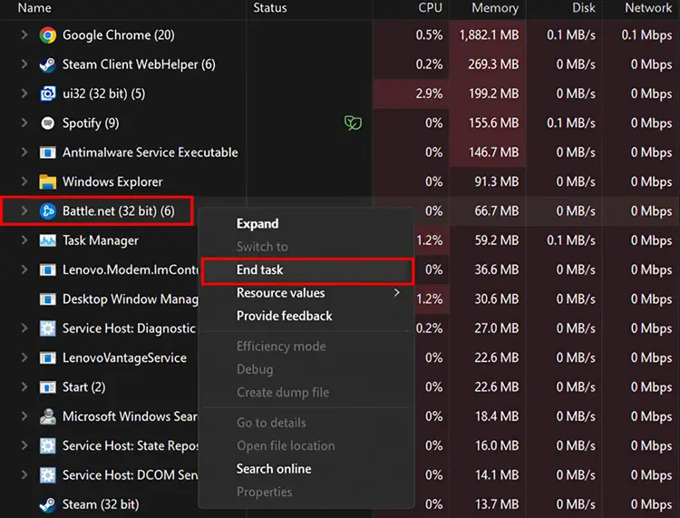 End Battle.net processes in Windows Task Manager