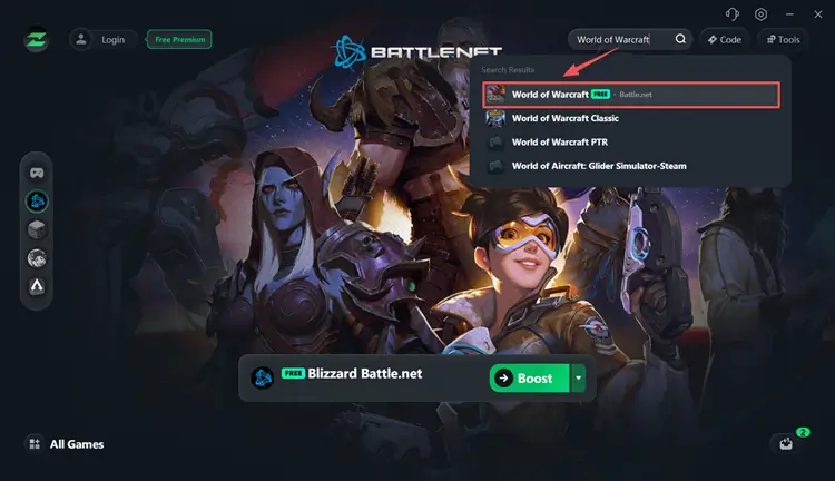Select World of Warcraft in LagZapper