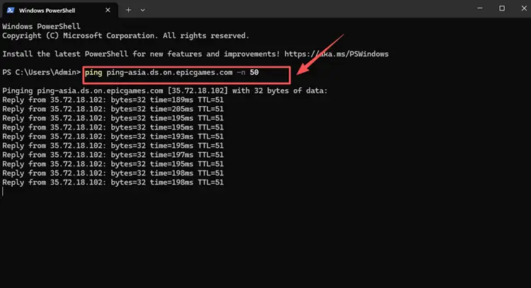 Copy and paste commands to test the ping