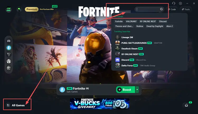Search for Fortnite in LagZapper to optimize connection