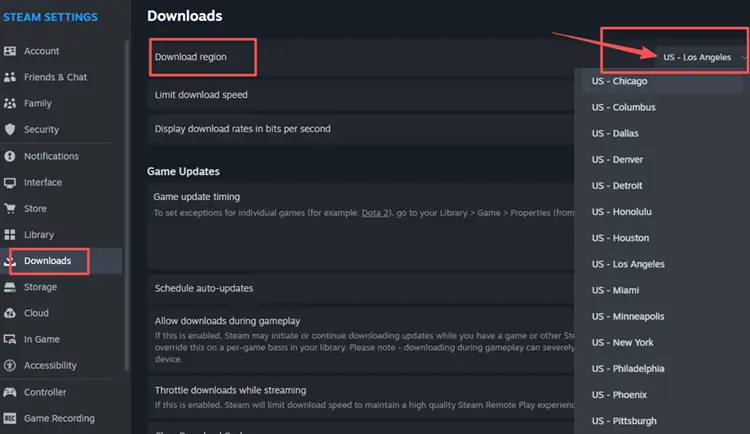 Switch download regions in game settings