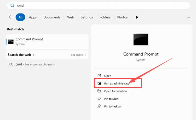 Open Command Prompt through Windows search box