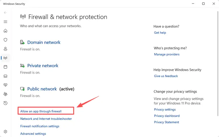 Open Firewall and network protection in Windows Security