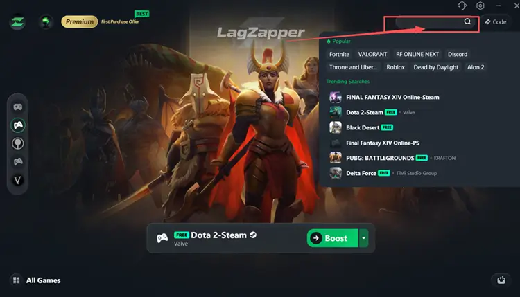 Search for Dota 2 in LagZapper to optimize connection