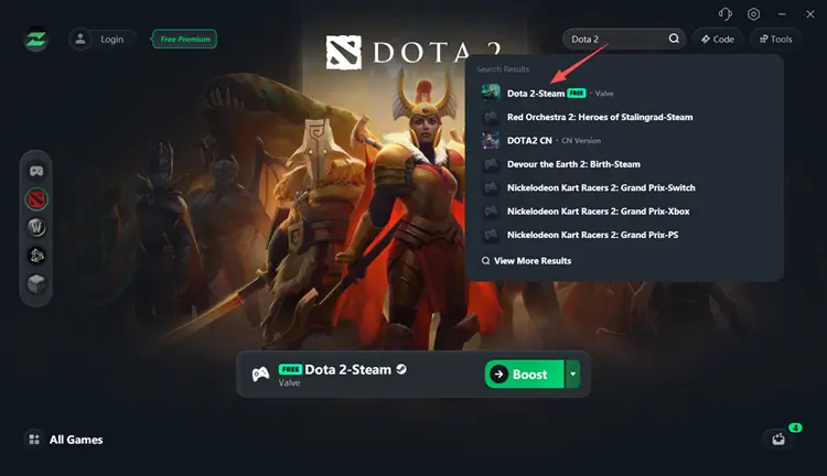Search for Dota 2 in LagZapper and select it from the supported games list