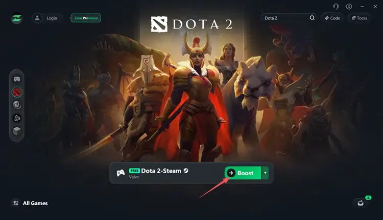 Select a Dota 2 server in LagZapper and click Boost