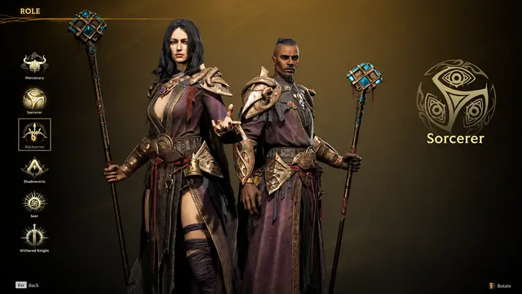 Sorcerer class selection in Mistfall Hunter