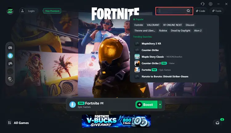 Search for Fortnite in the LagZapper game booster