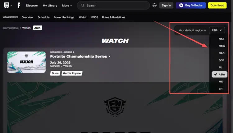 Screenshot of Fortnite competitive watch page