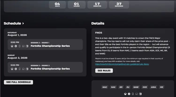 Screenshot of official schedule and leaderboard