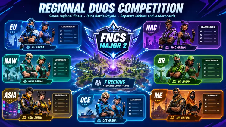 FNCS Major 2 regional duos competing across seven Fortnite regions