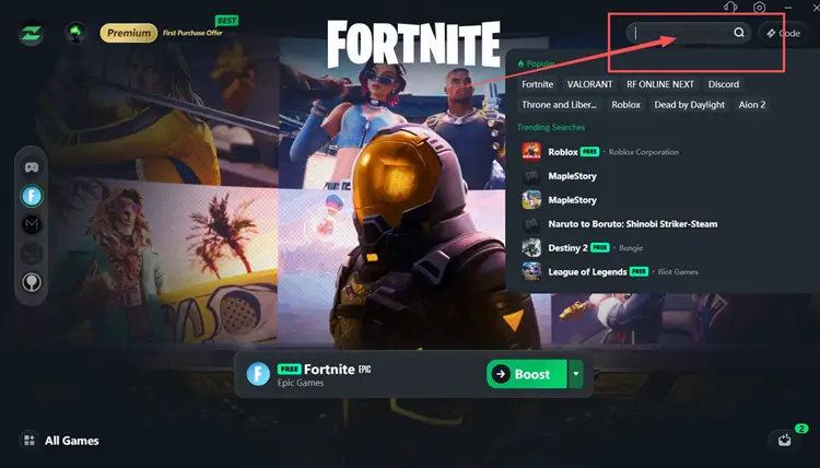 Search for Fortnite in LagZapper
