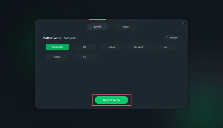 Select a server and boost Mistfall Hunter with LagZapper