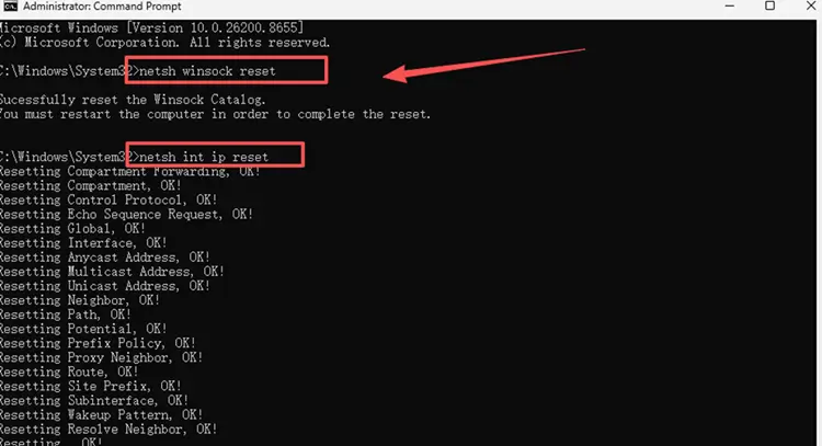 Reset network settings in Command Prompt