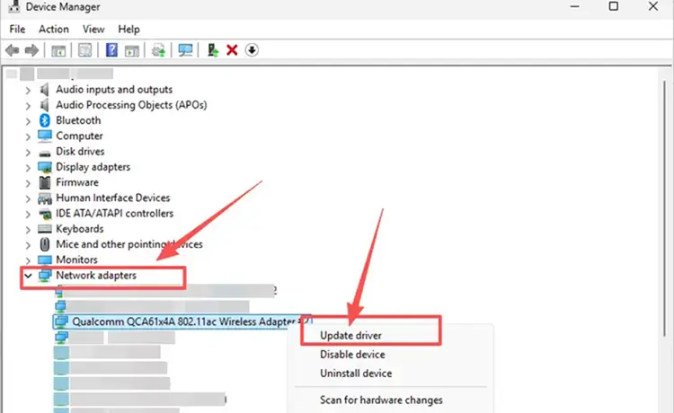 Update the network adapter driver on Windows