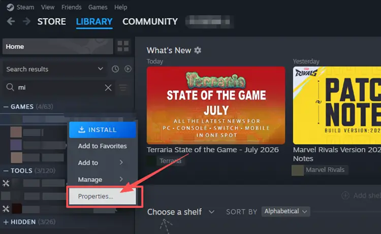 Open Mistfall Hunter properties in Steam Library