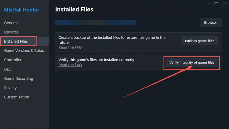 Verify integrity of Mistfall Hunter game files on Steam