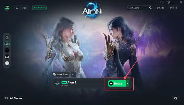 Select an AION 2 server and click Boost in LagZapper