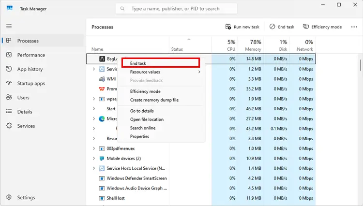 Закройте процессы BSG Launcher в диспетчере задач Windows.