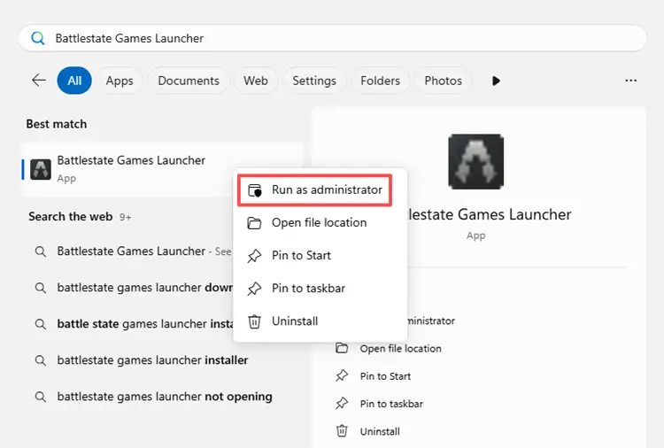 Запустите BSG Launcher от имени администратора.