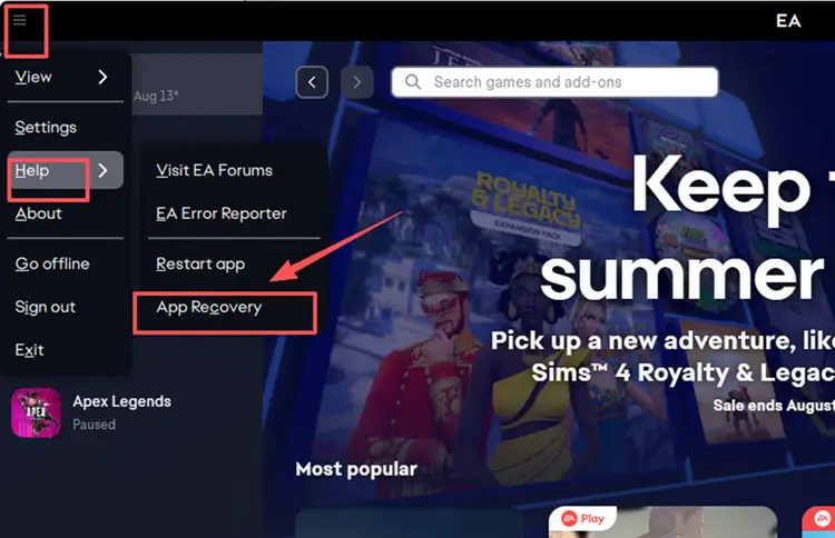 Open EA app recovery