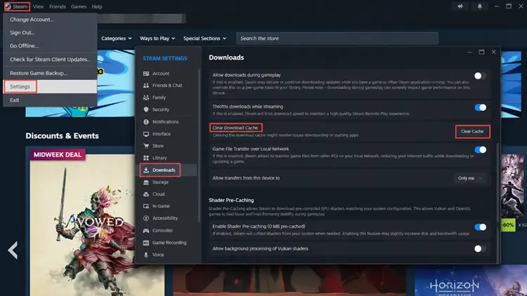 Open Steam download cache settings