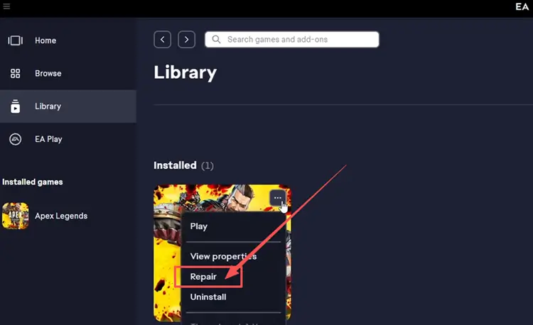 Repair Apex Legends in the EA app