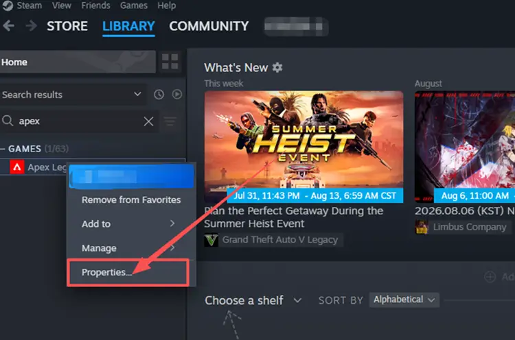 Open Apex Legends Properties in Steam