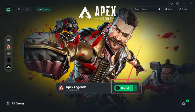 Select an Apex Legends server and click Boost in LagZapper