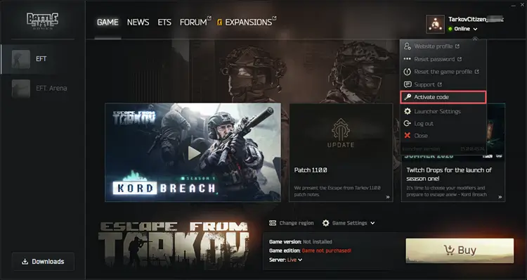 Меню профиля BSG Launcher с опцией Activate Code
