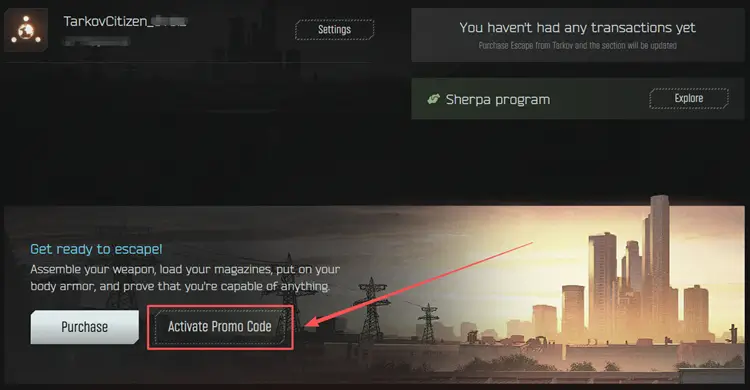 Страница профиля Escape from Tarkov с опцией Activate Promo Code