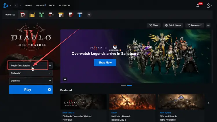 Select Public Test Realm from the Diablo IV version menu