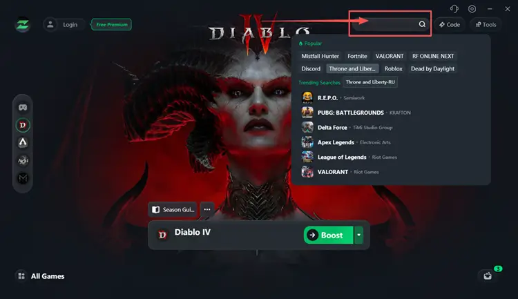 Search for Diablo 4 in LagZapper