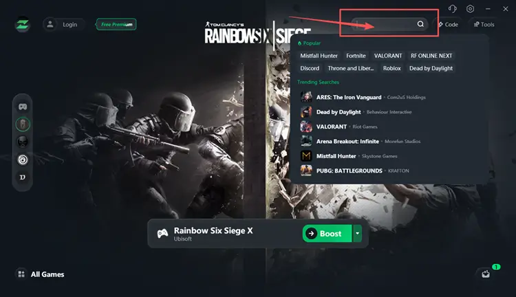 Search for a supported Ubisoft game in LagZapper