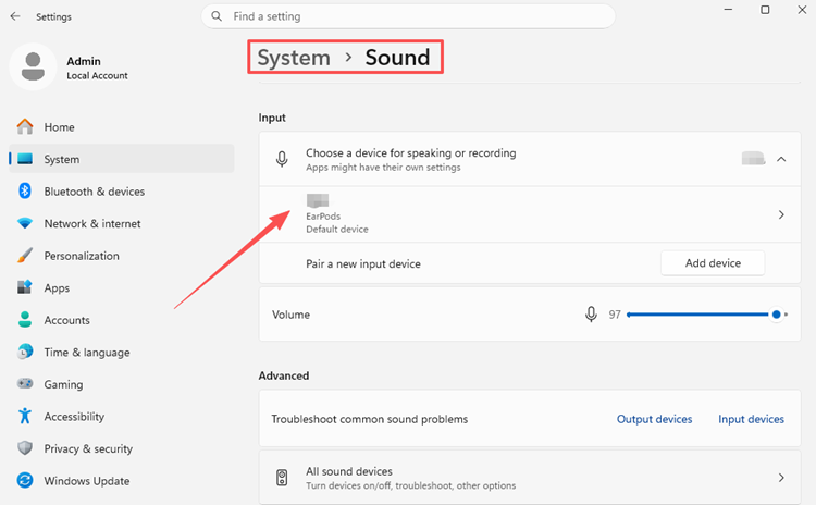 Select the correct microphone for Big Walk in Windows Sound settings