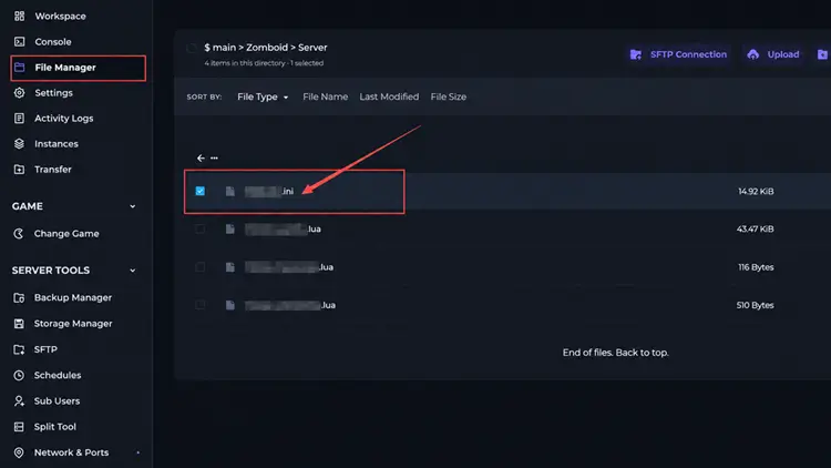 Open the Project Zomboid server INI file