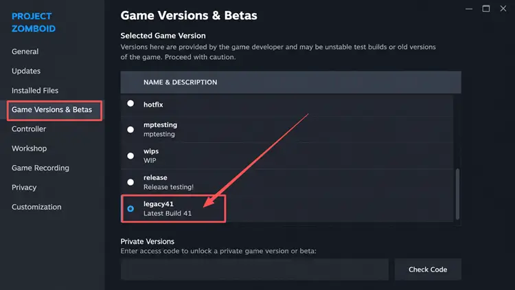 Select the legacy41 or 42.19 branch in Steam