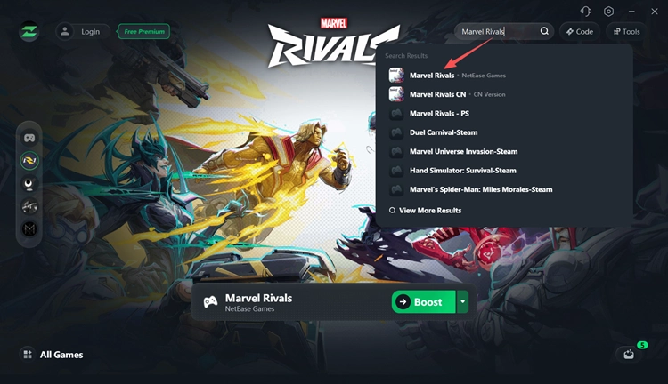 Search for Marvel Rivals in LagZapper