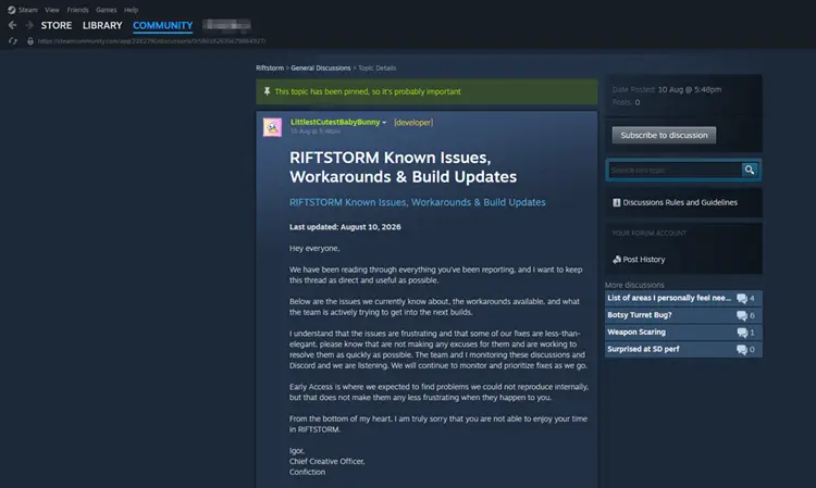Check known issues and discussions on Steam
