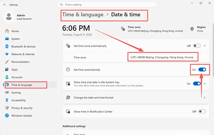 Enable automatic time and choose the correct Windows time zone