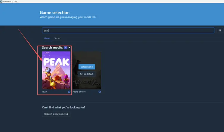 Поиск PEAK и выбор игры в r2modman