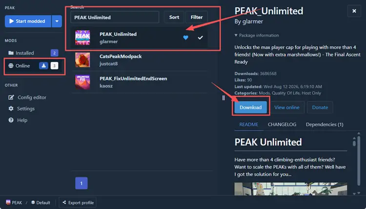 Поиск PEAK Unlimited в r2modman