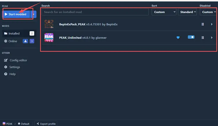 Запуск PEAK с помощью Start modded в r2modman