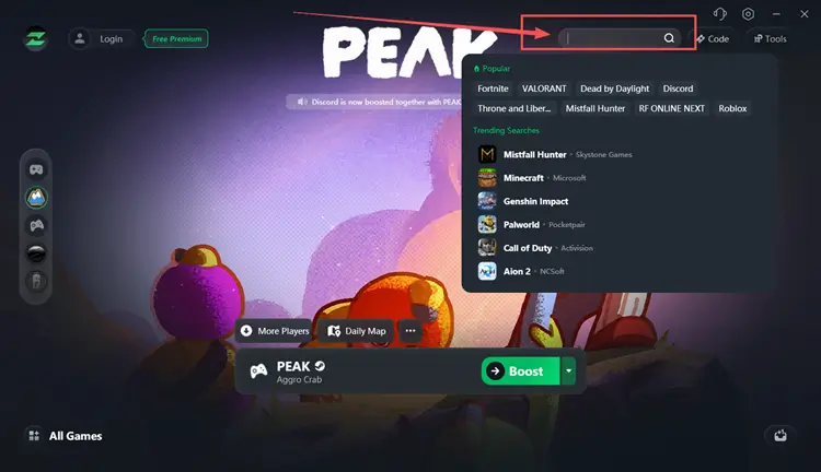 Вход в аккаунт и поиск PEAK в LagZapper