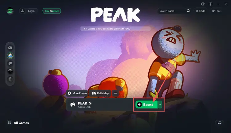 Выбор сервера или узла PEAK и нажатие Boost в LagZapper
