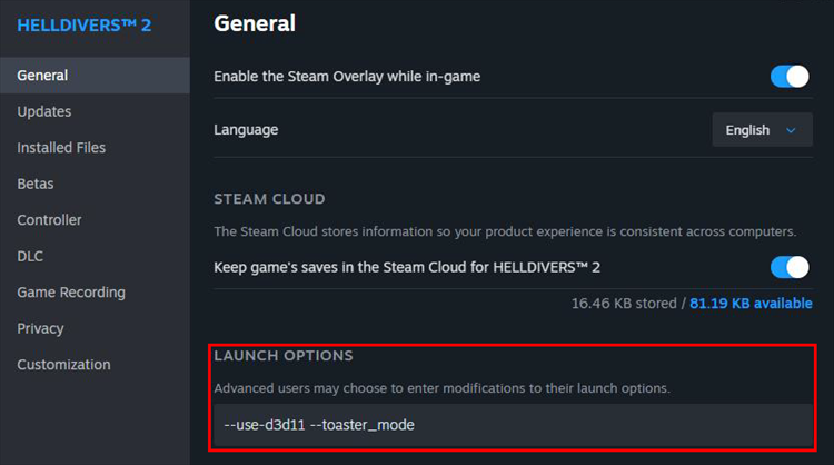Remove DX11 launch options for Helldivers 2 on Steam