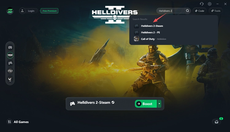 Search for and select Helldivers 2 in LagZapper
