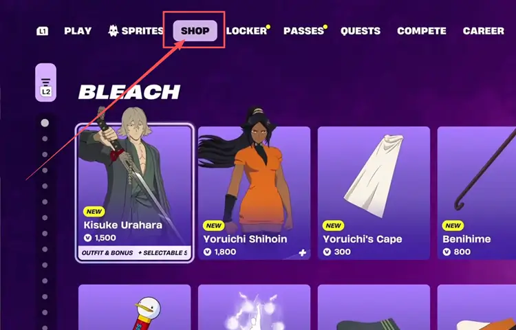 Select the Shop tab from the Fortnite main menu