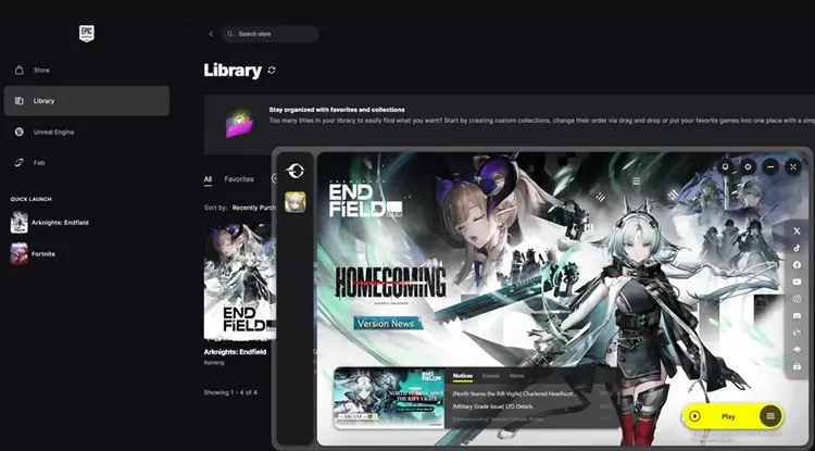 Launch Arknights Endfield from the Epic Games Store Library